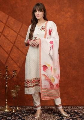 Cream Embroidery Cotton Kurta Set