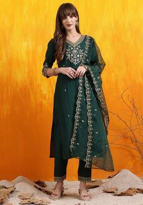 Bottle Green Embroidery Chanderi Kurta Set