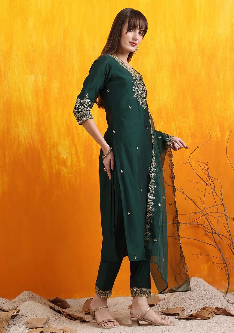 Bottle Green Embroidery Chanderi Kurta Set - Indya