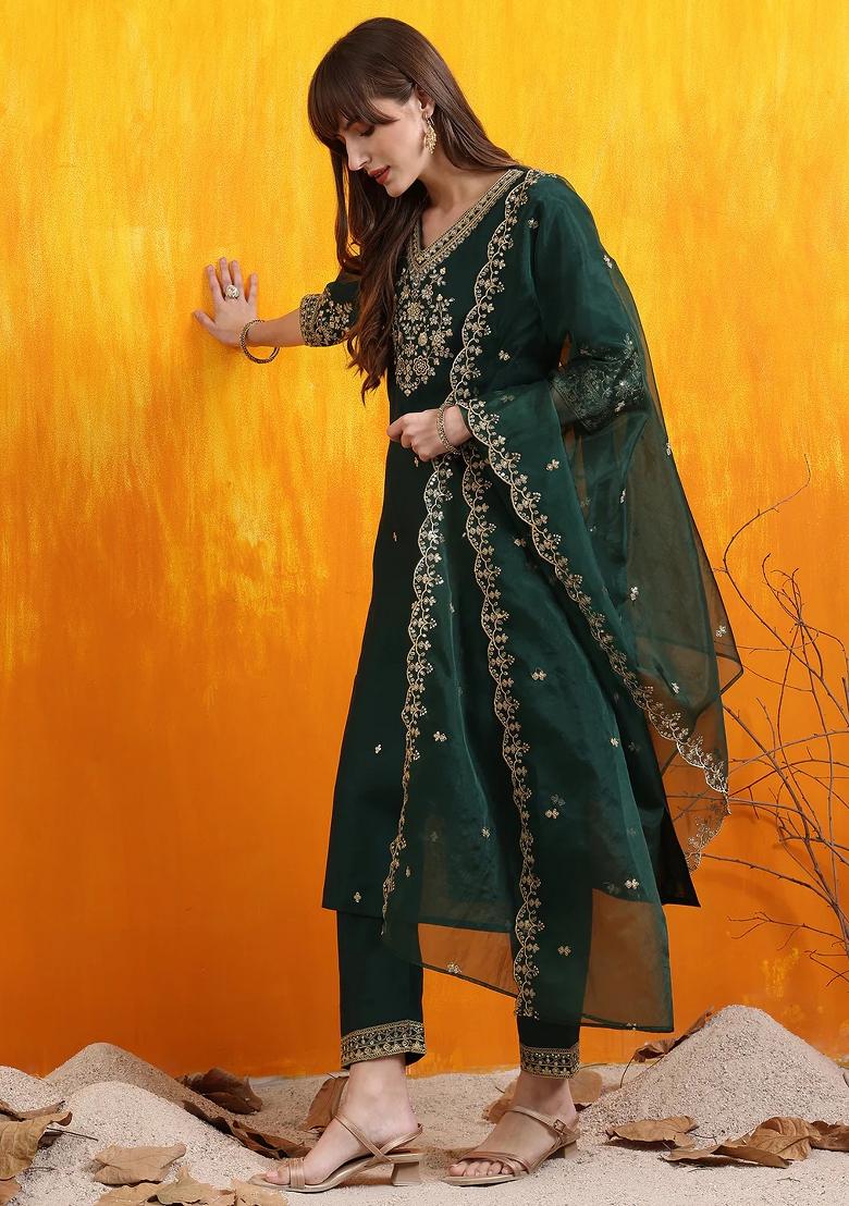 Bottle Green Embroidery Chanderi Kurta Set - Indya
