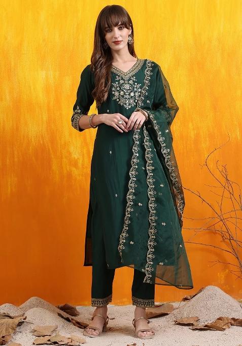 Bottle Green Embroidery Chanderi Kurta Set