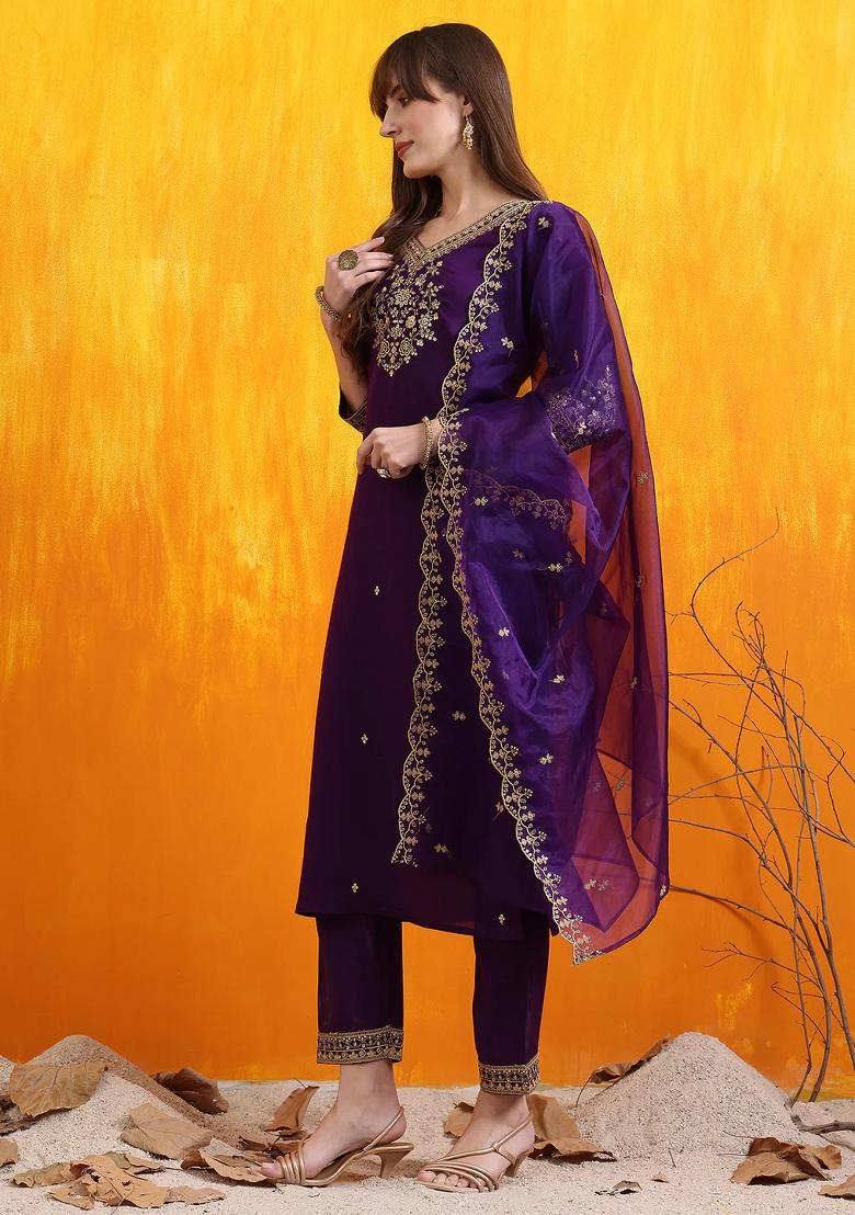 Purple Embroidery Chanderi Kurta Set - Indya