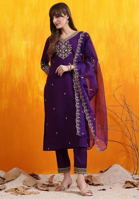 Purple Embroidery Chanderi Kurta Set