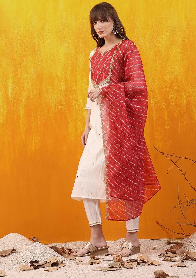White Embroidery Chanderi Kurta Set - Indya