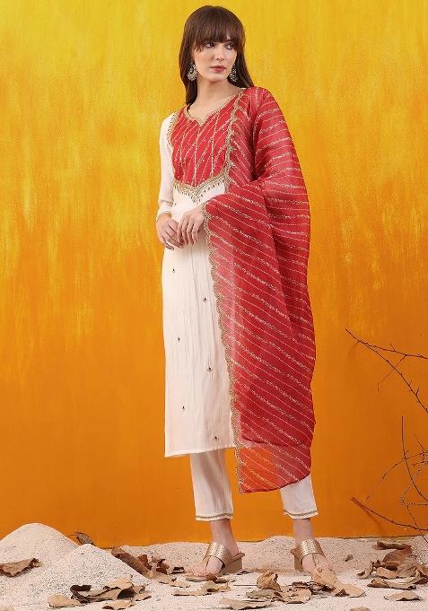 White Embroidery Chanderi Kurta Set