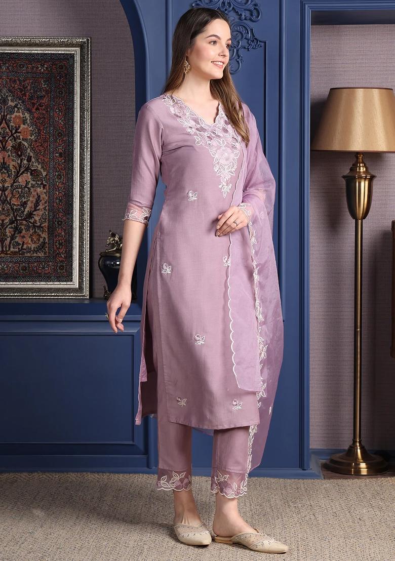 Lavender Embroidery Silk Kurta Set - Indya