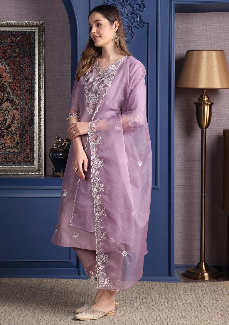 Lavender Embroidery Silk Kurta Set - Indya
