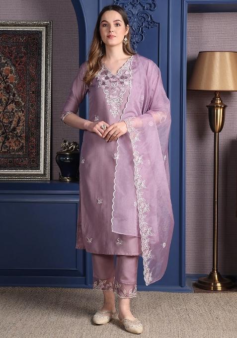 Lavender Embroidery Silk Kurta Set