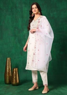 White Embroidery Chanderi Kurta Set