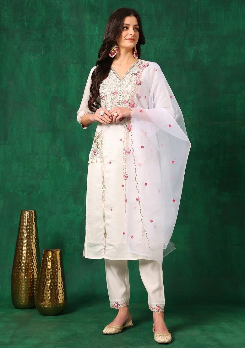 White Embroidery Chanderi Kurta Set - Indya