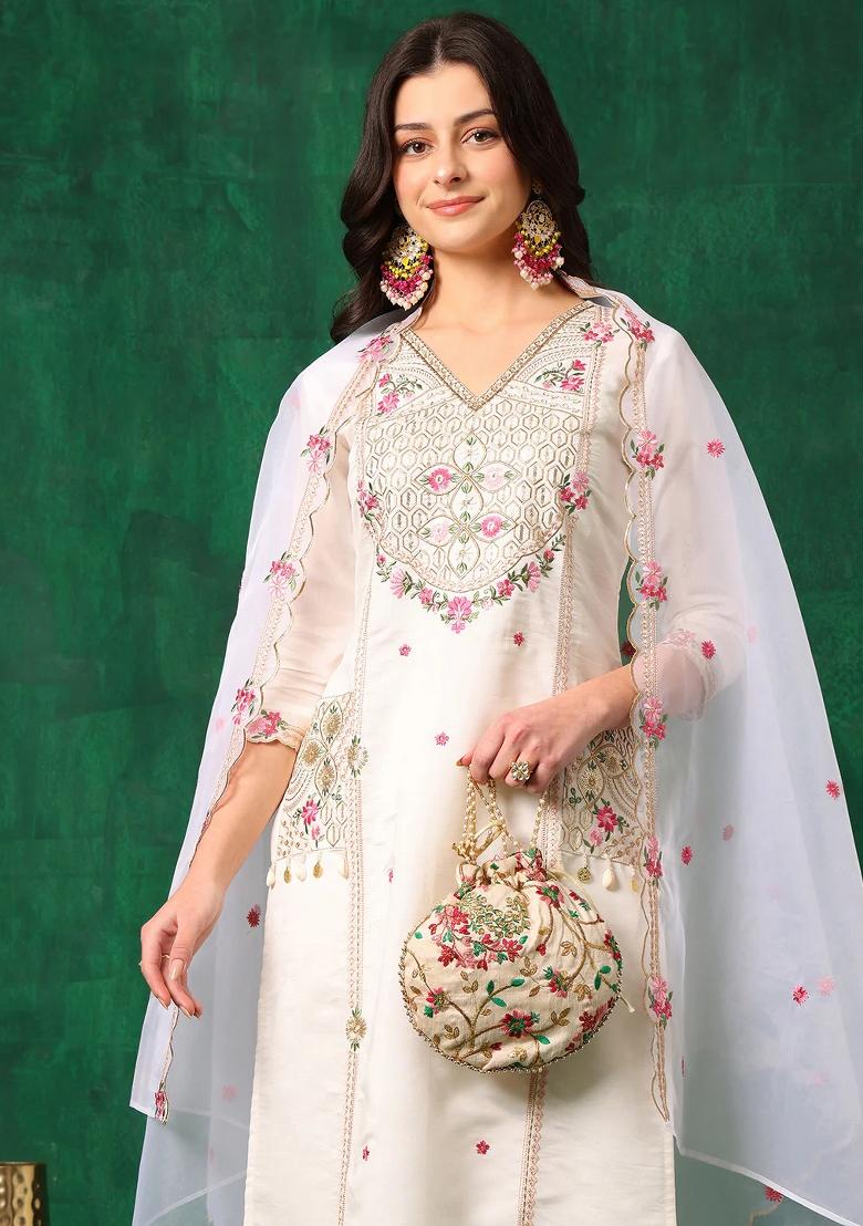 White Embroidery Chanderi Kurta Set - Indya