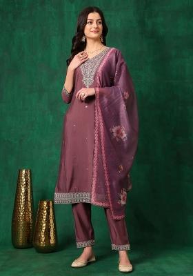 Mauve Embroidery Chanderi Kurta Set