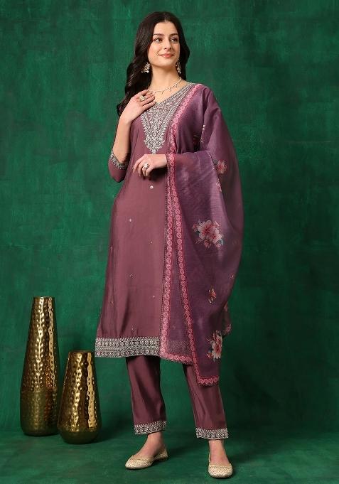 Mauve Embroidery Chanderi Kurta Set