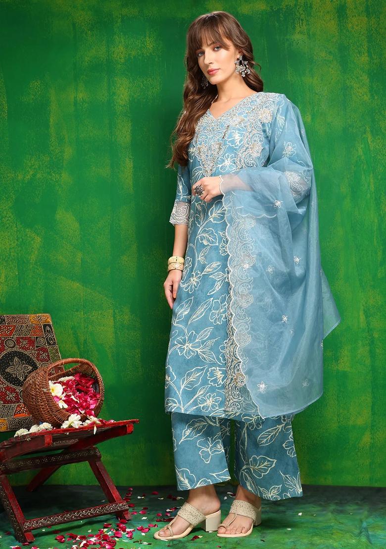 Aqua Blue Embroidery Rayon Kurta Set - Indya