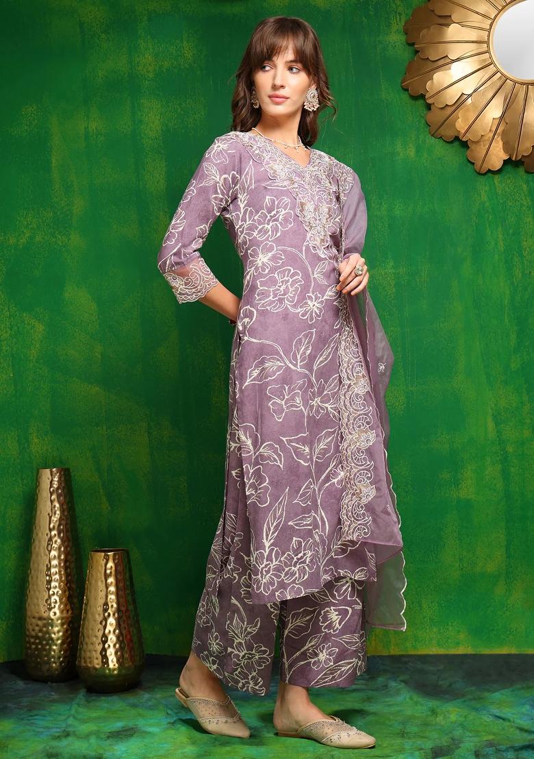 Lavender Embroidery Rayon Kurta Set - Indya