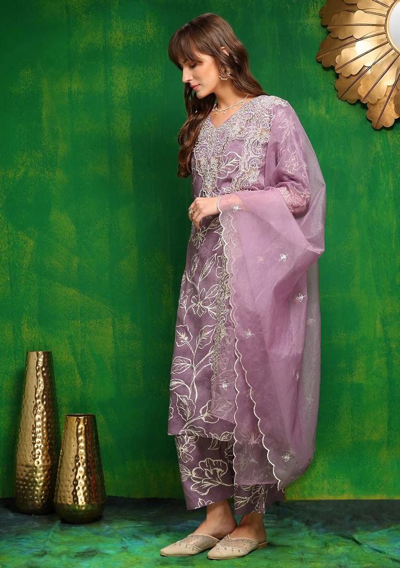 Lavender Embroidery Rayon Kurta Set - Indya
