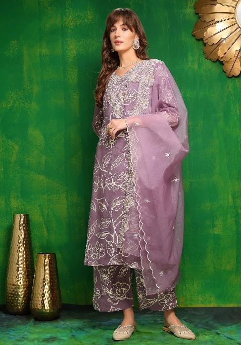 Lavender Embroidery Rayon Kurta Set