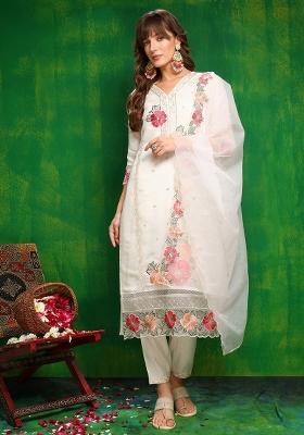 White Embroidery Chanderi Kurta Set