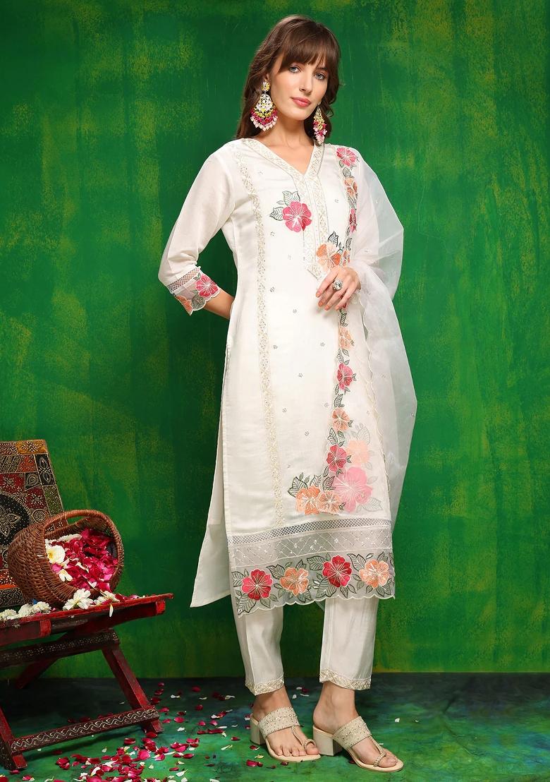 White Embroidery Chanderi Kurta Set - Indya