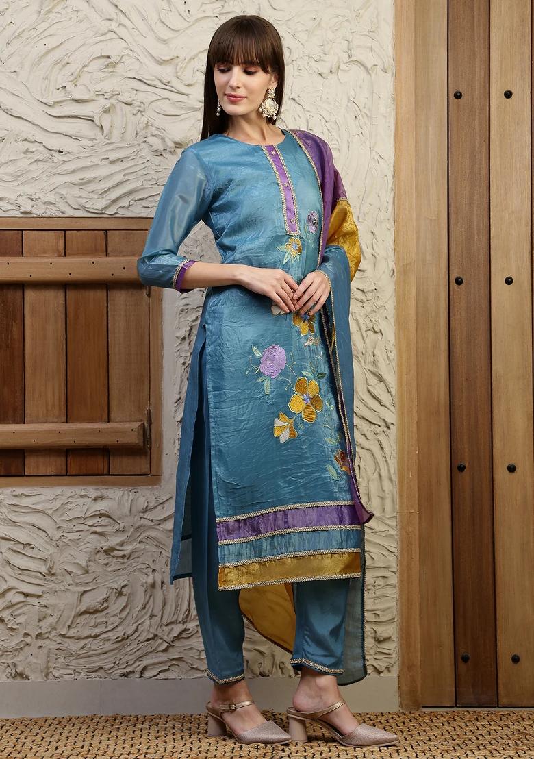 Blue Embroidery Silk Kurta Set - Indya