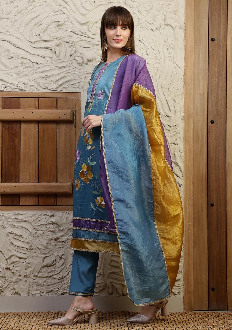 Blue Embroidery Silk Kurta Set - Indya