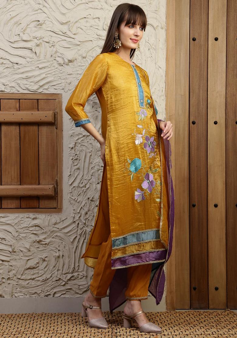 Mustard Embroidery Silk Kurta Set - Indya