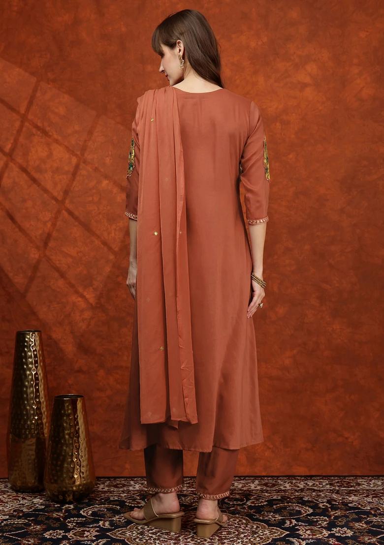 Rust Embroidery Chinon Kurta Set - Indya