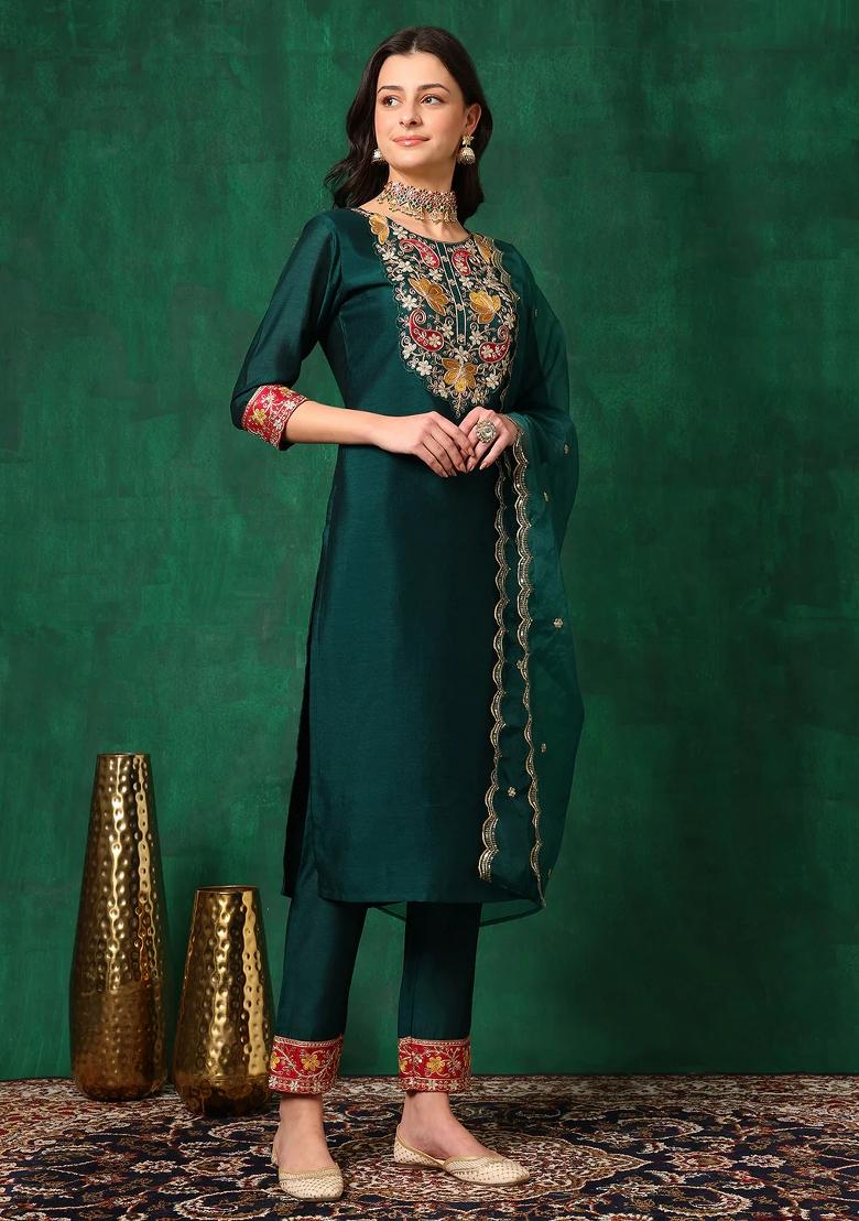 Bottle Green Embroidery Silk Kurta Set - Indya