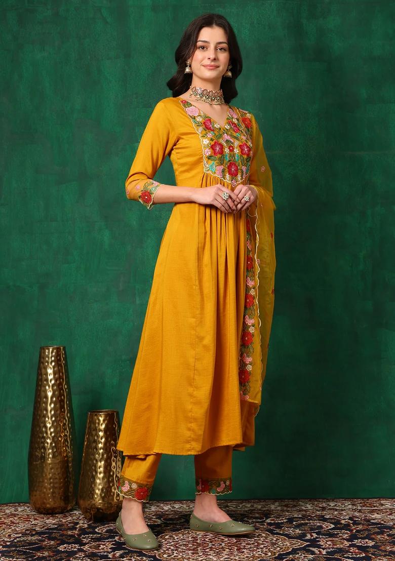 Mustard Embroidery Silk Kurta Set - Indya