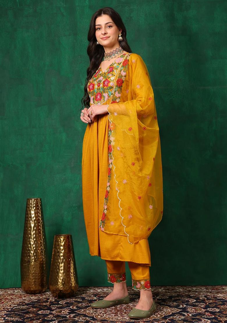 Mustard Embroidery Silk Kurta Set - Indya