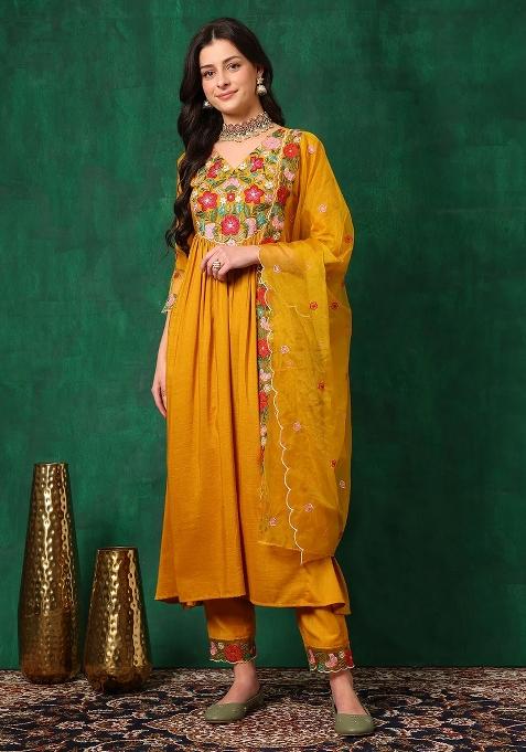 Mustard Embroidery Silk Kurta Set