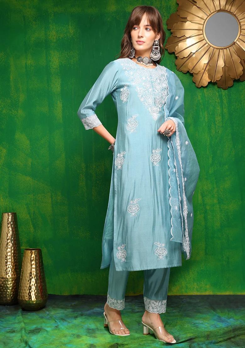 Aqua Blue Embroidery Chanderi Kurta Set - Indya
