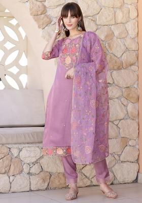 Purple Embroidery Organza Kurta Set