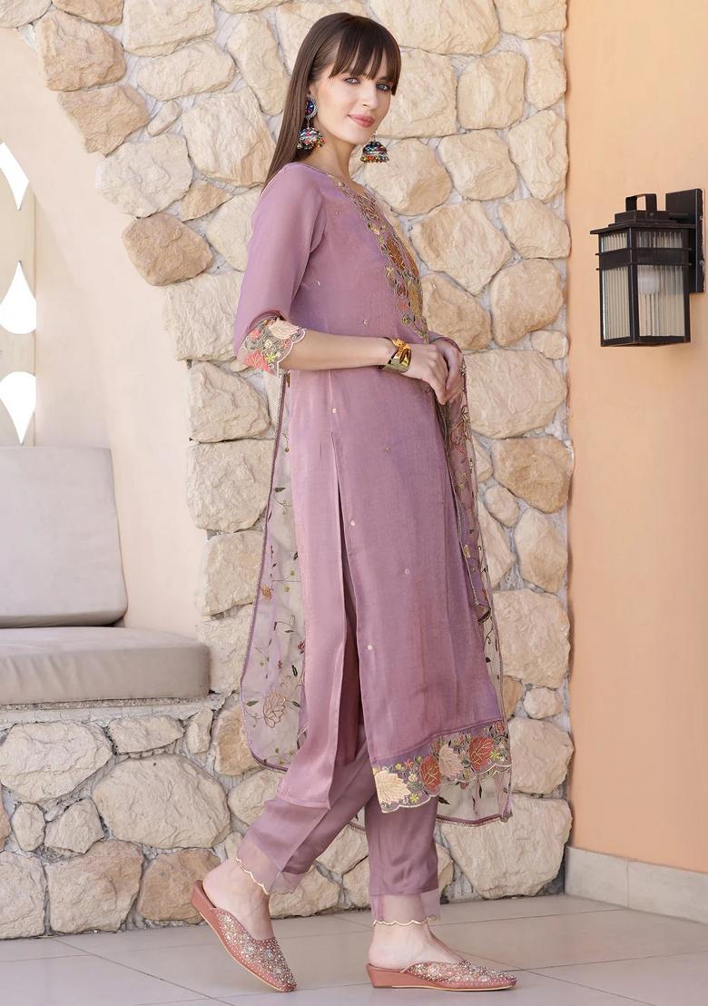 Purple Embroidery Organza Kurta Set - Indya