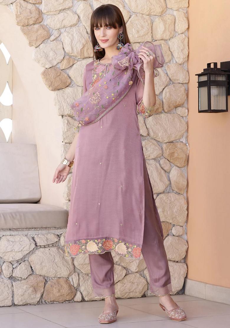 Purple Embroidery Organza Kurta Set - Indya