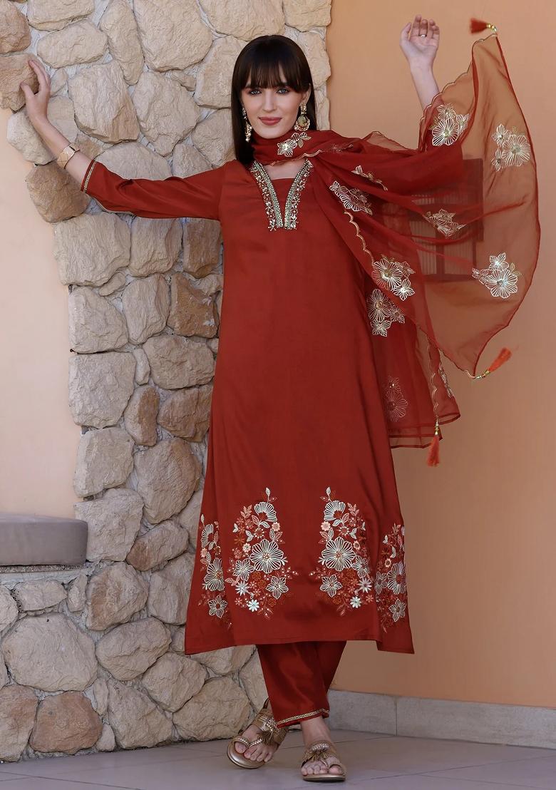 Rust Embroidery Chinon Kurta Set - Indya