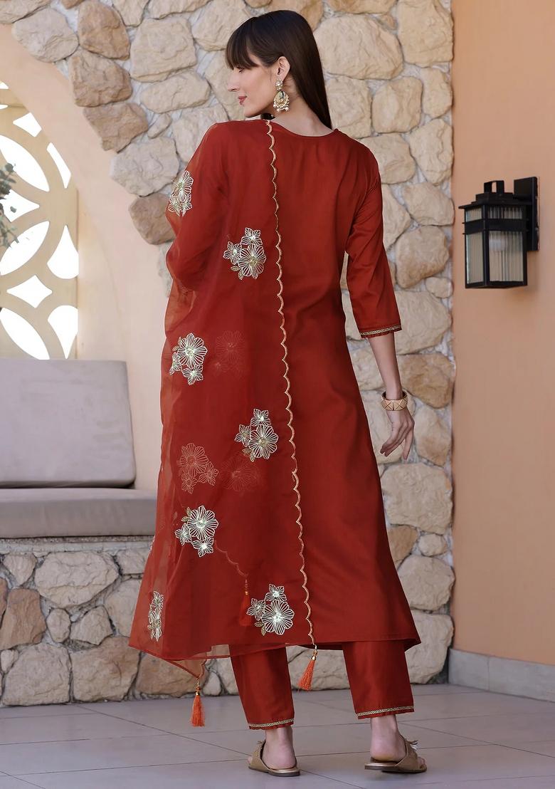 Rust Embroidery Chinon Kurta Set - Indya
