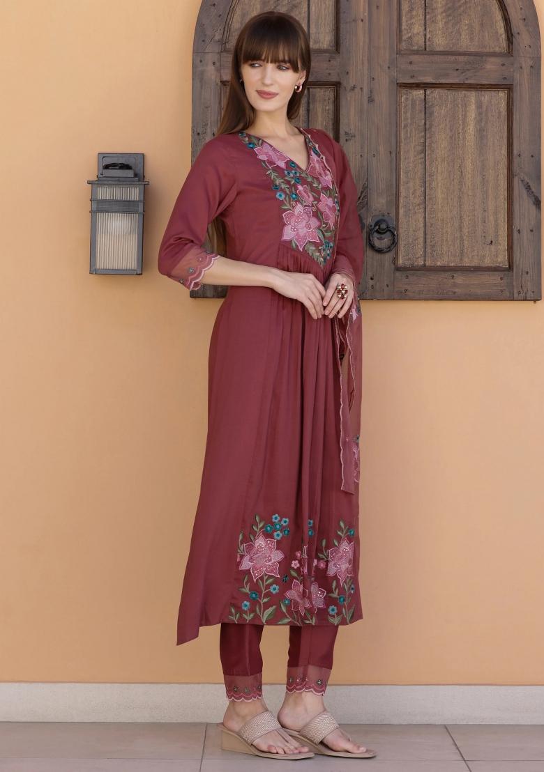 Rust Embroidery Silk Kurta Set - Indya