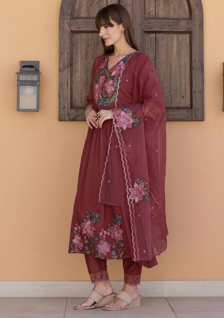 Rust Embroidery Silk Kurta Set - Indya
