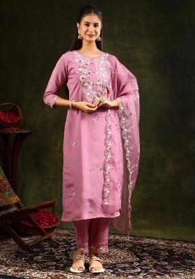 Pink Embroidery Chanderi Kurta Set