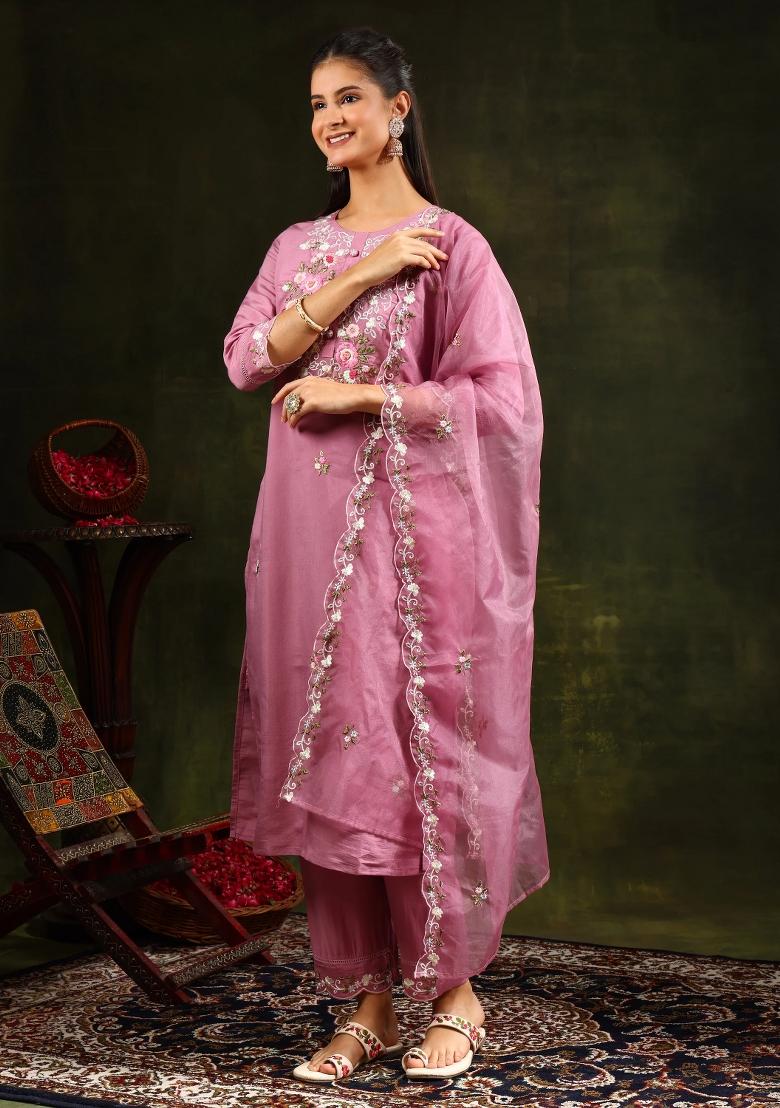 Pink Embroidery Chanderi Kurta Set - Indya