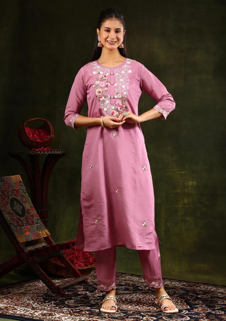 Pink Embroidery Chanderi Kurta Set - Indya