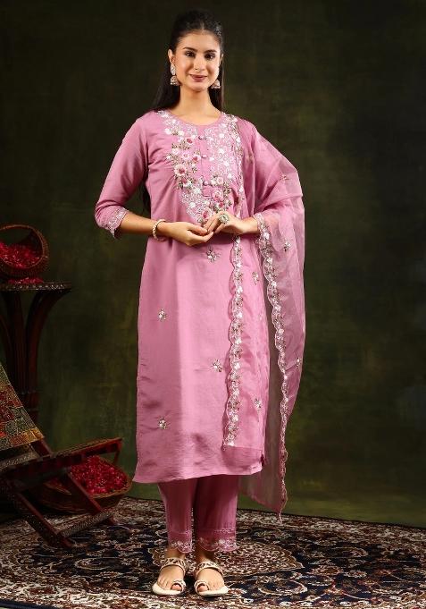 Pink Embroidery Chanderi Kurta Set