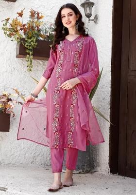 Pink Embroidery Chanderi Kurta Set