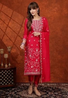 Pink Embroidery Silk Kurta Set