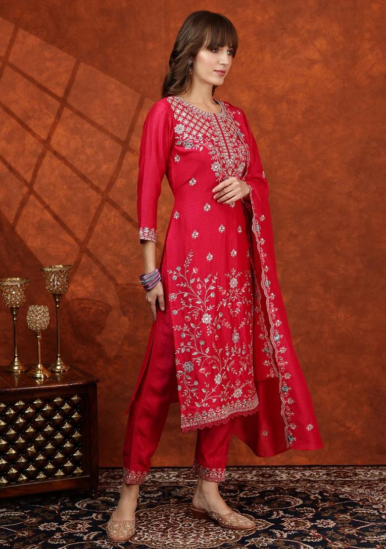 Pink Embroidery Silk Kurta Set - Indya