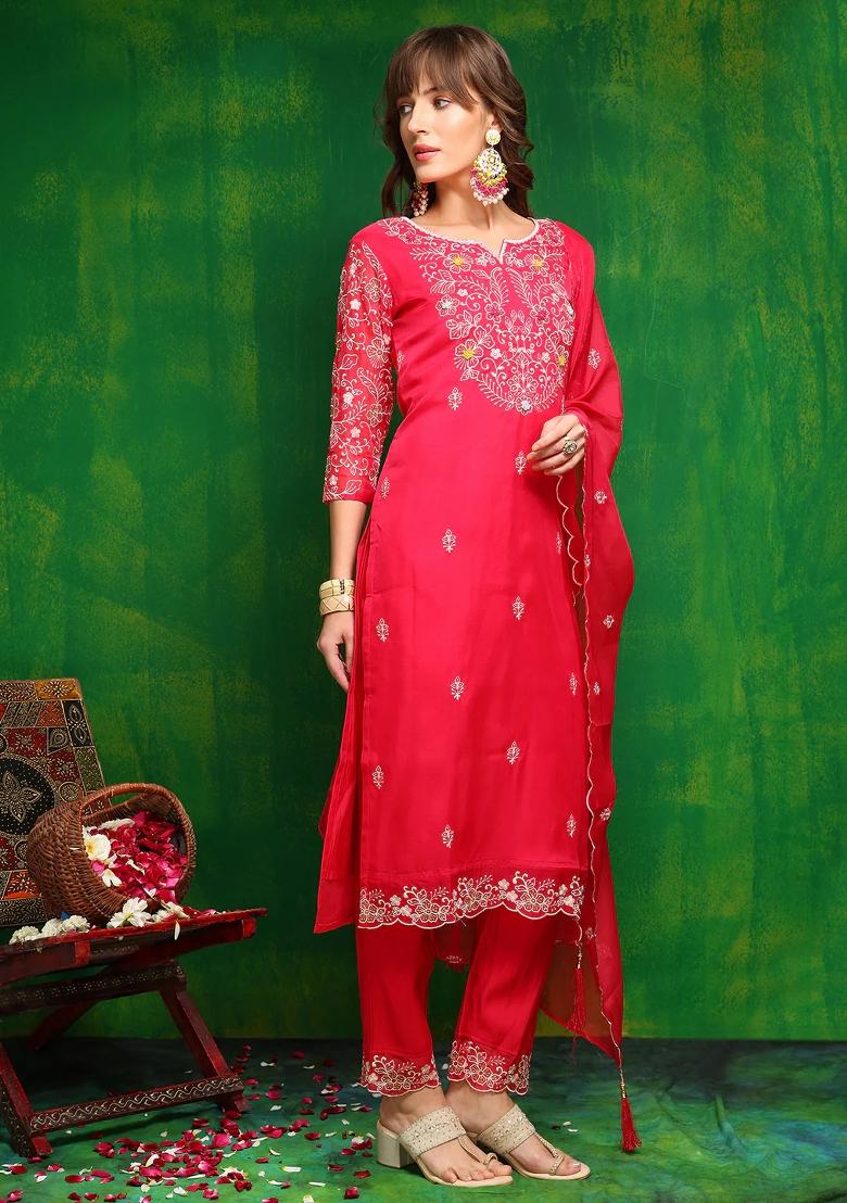 Pink Embroidery Organza Kurta Set - Indya