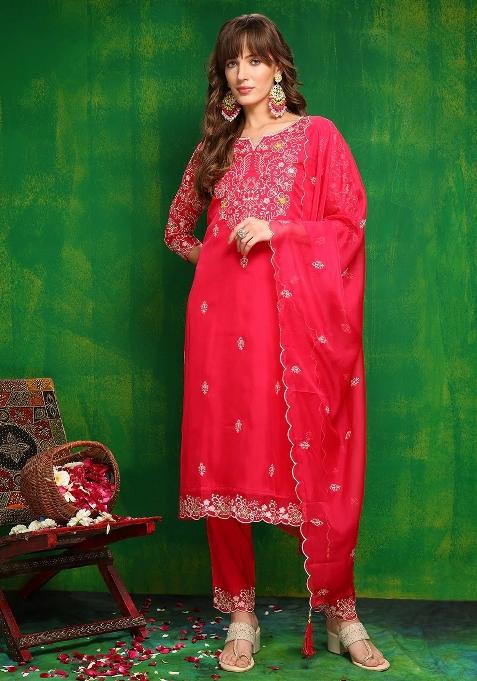Pink Embroidery Organza Kurta Set