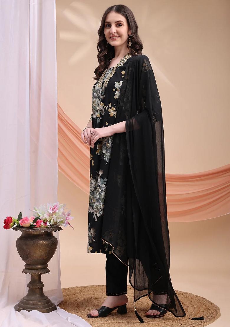 Black Embroidery Rayon Kurta Set - Indya