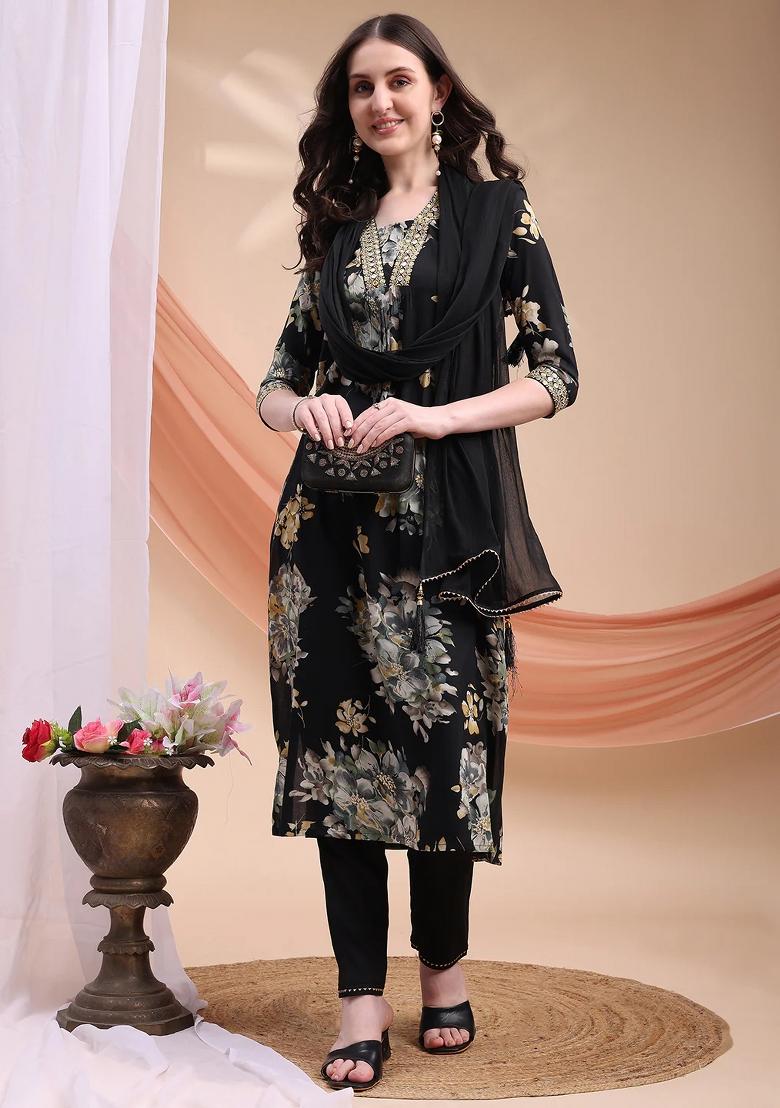 Black Embroidery Rayon Kurta Set - Indya